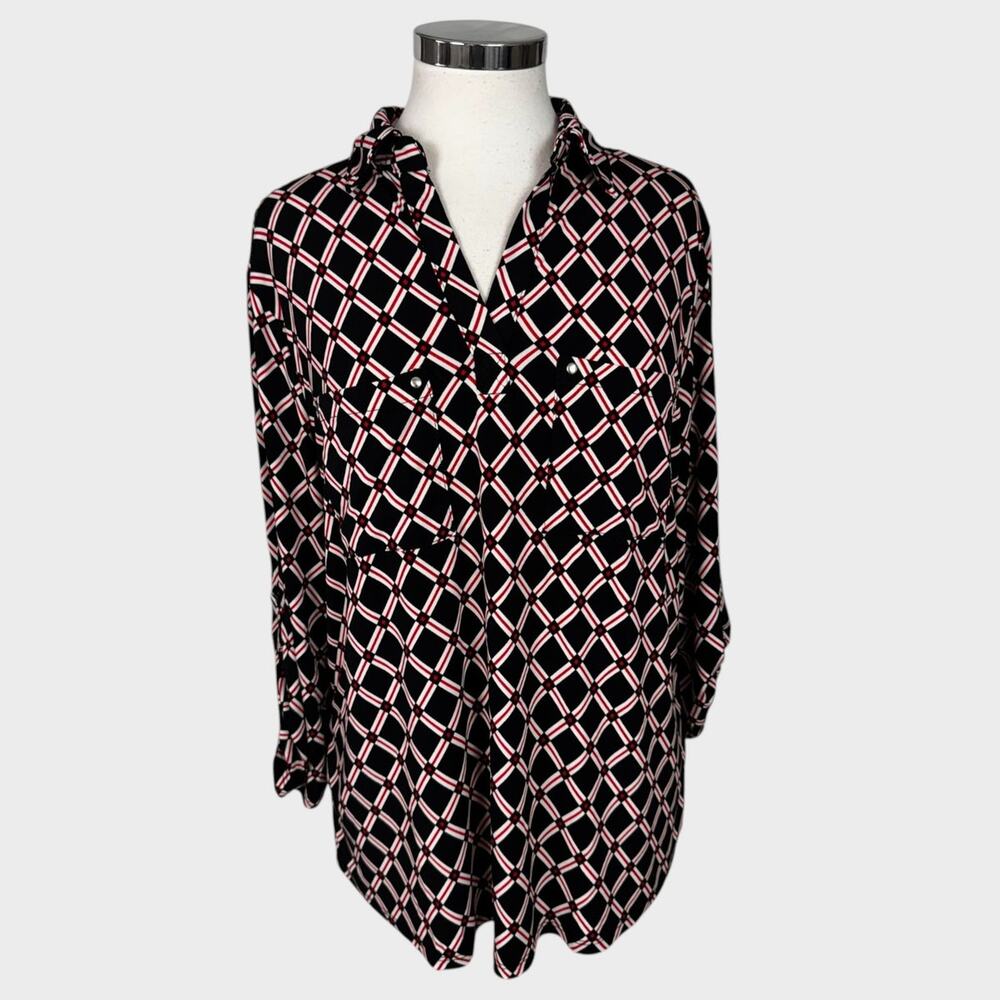 NY Collection PXL Black Red White Geometric Print Button Front Polyester Blend